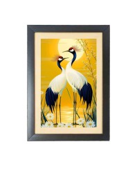 Two birds standing next to each other infront of the sun and water with daisies Photo Frame Funny Animal and Bird Cartoon Art, Black color, 17x21 Inch