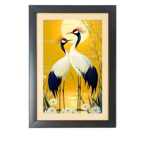 Two birds standing next to each other infront of the sun and water with daisies Photo Frame Funny Animal and Bird Cartoon Art, Black color, 17x21 Inch
