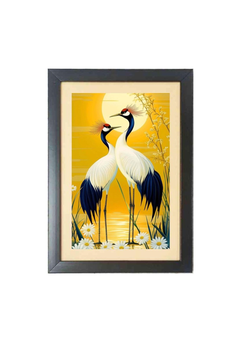Two birds standing next to each other infront of the sun and water with daisies Photo Frame Funny Animal and Bird Cartoon Art, Black color, 11x15 Inch