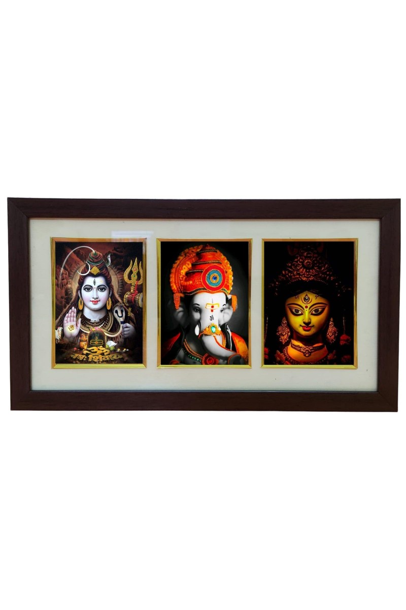 Hitech God Shiv, Ganesh & Ma Durga Wood photo Frame with Glass || Three pictures in one Frame || Three Gods in Single Frame || Frame for Pooja, wall decoration