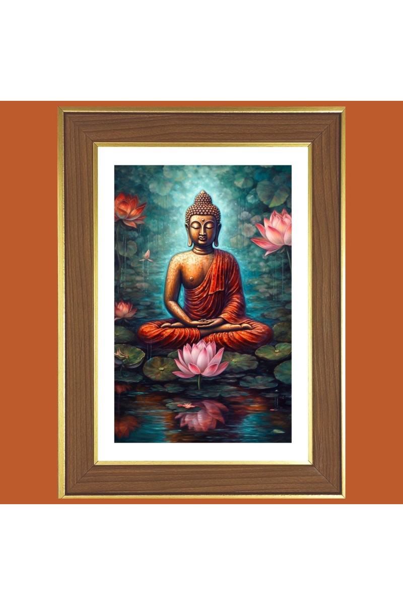 Serene Buddha Photo Frame - 10x14 Inches, Brown Wooden Frame for Home, Office & Temple Decoration