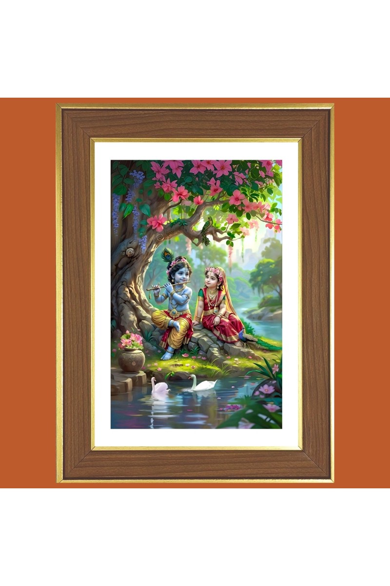 Baby krishna and radha Photo Frame - 12x16 Inches, Brown Wooden Frame for Home, Office & Temple Decoration