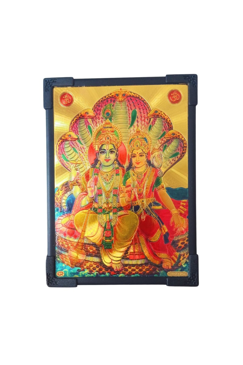 Hitech Sales Hindu God Vishnu and Goddess Lakshmi on Sheshnag Gold Plated Wooden Laminated Photo Frame 5x7 Inch Decorative Frame for Home, Office, and Temple