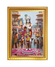 Lord Sri krishna with Murali Photo Frame - 10x14 Inches, Brown Wooden Frame for Home, Office & Temple Decoration