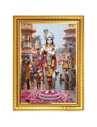 Lord Sri krishna with Murali Photo Frame - 10x14 Inches, Brown Wooden Frame for Home, Office & Temple Decoration