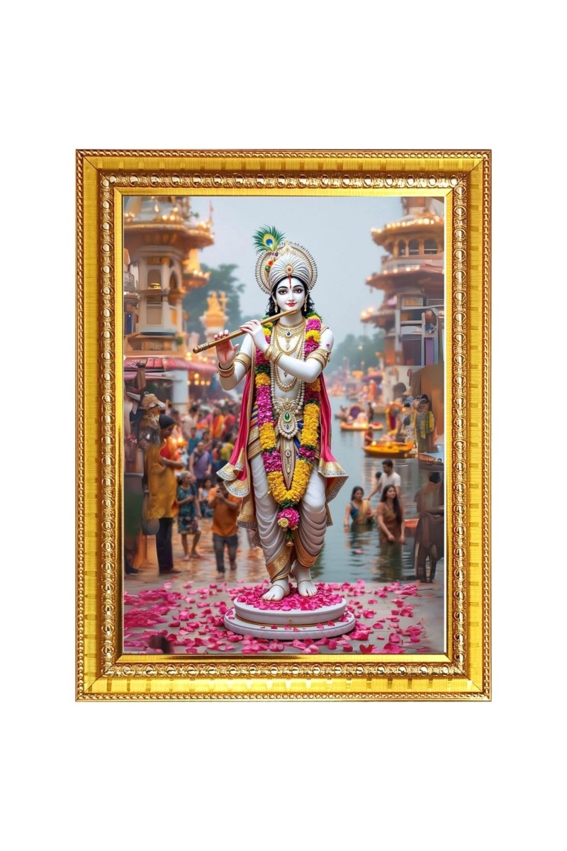 Lord Sri krishna with Murali Photo Frame - 10x14 Inches, Brown Wooden Frame for Home, Office & Temple Decoration