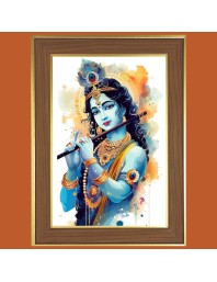 Krishna with murali Photo Frame - 14x18 Inches, Brown Wooden Frame for Home, Office & Temple Decoration