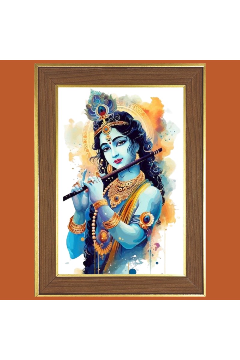 Krishna with murali Photo Frame - 10x14 Inches, Brown Wooden Frame for Home, Office & Temple Decoration