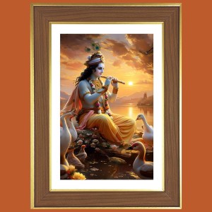 Lord Shri Krishna Photo Frame - 10x14 Inches, Brown Wooden Frame for Home, Office & Temple decoration
