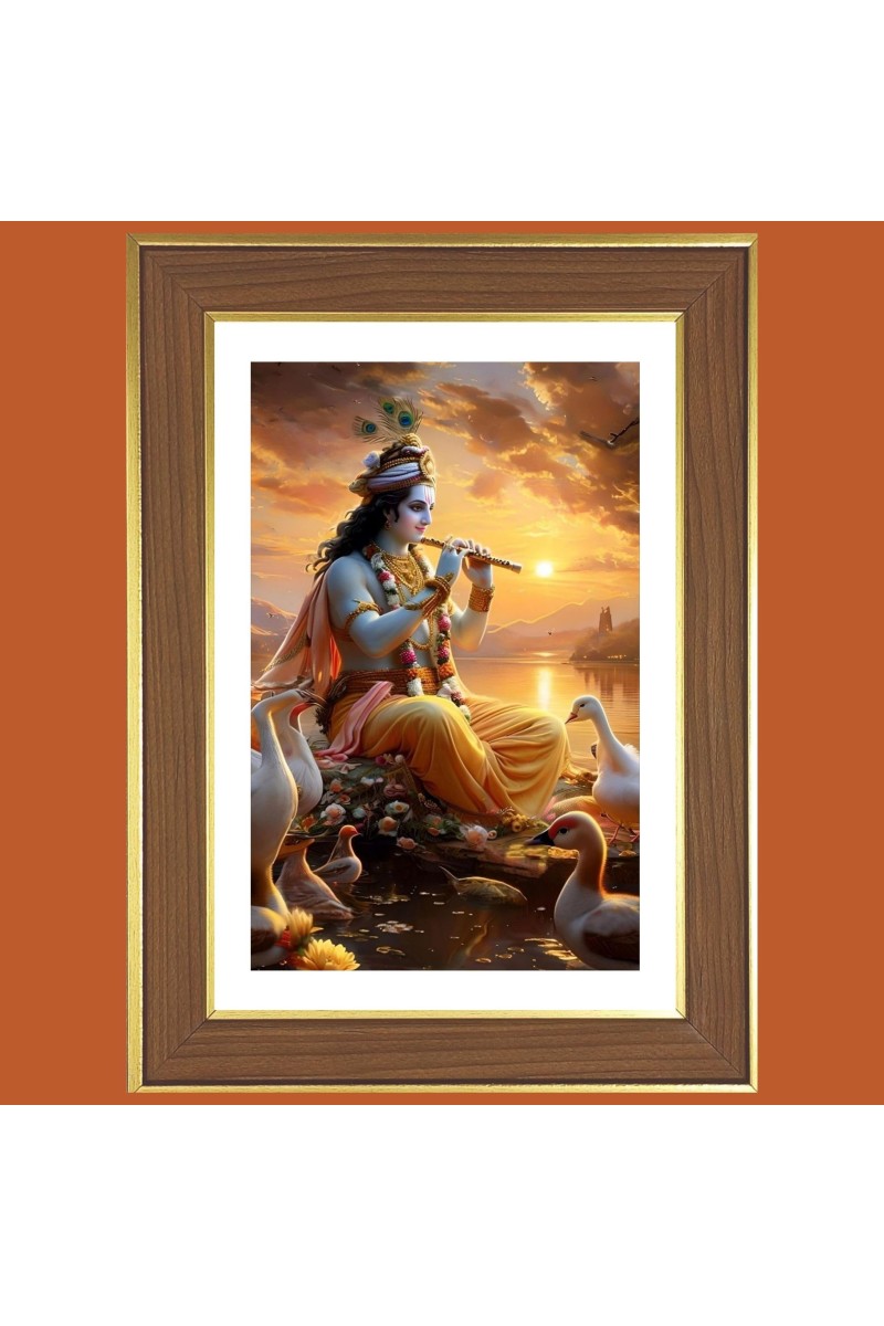 Lord Shri Krishna Photo Frame - 10x14 Inches, Brown Wooden Frame for Home, Office & Temple decoration