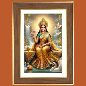 Jai Maa Lakshmi Photo Frame - 10x14 Inches, Brown Wooden Frame for Home, Office & Temple Decoration