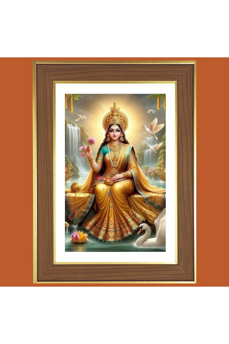 Jai Maa Lakshmi Photo Frame - 10x14 Inches, Brown Wooden Frame for Home, Office & Temple Decoration