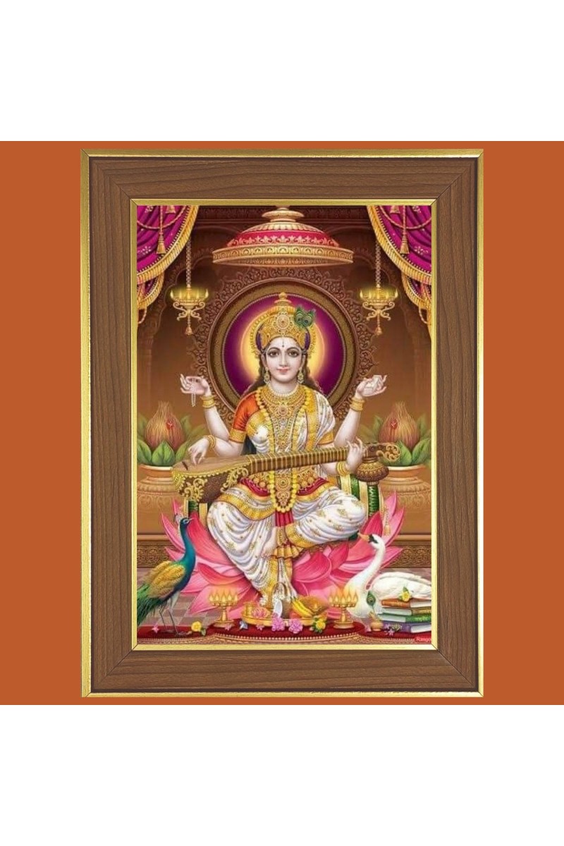 Goddess Saraswati Photo Frame - 10x14 Inches, Brown Wooden Frame for Home, Office & Temple Decoration
