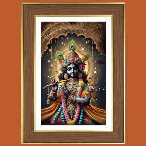 Lord krishna Photo Frame - 10x14 Inches, Brown Wooden Frame for Home, Office & Temple Decoration