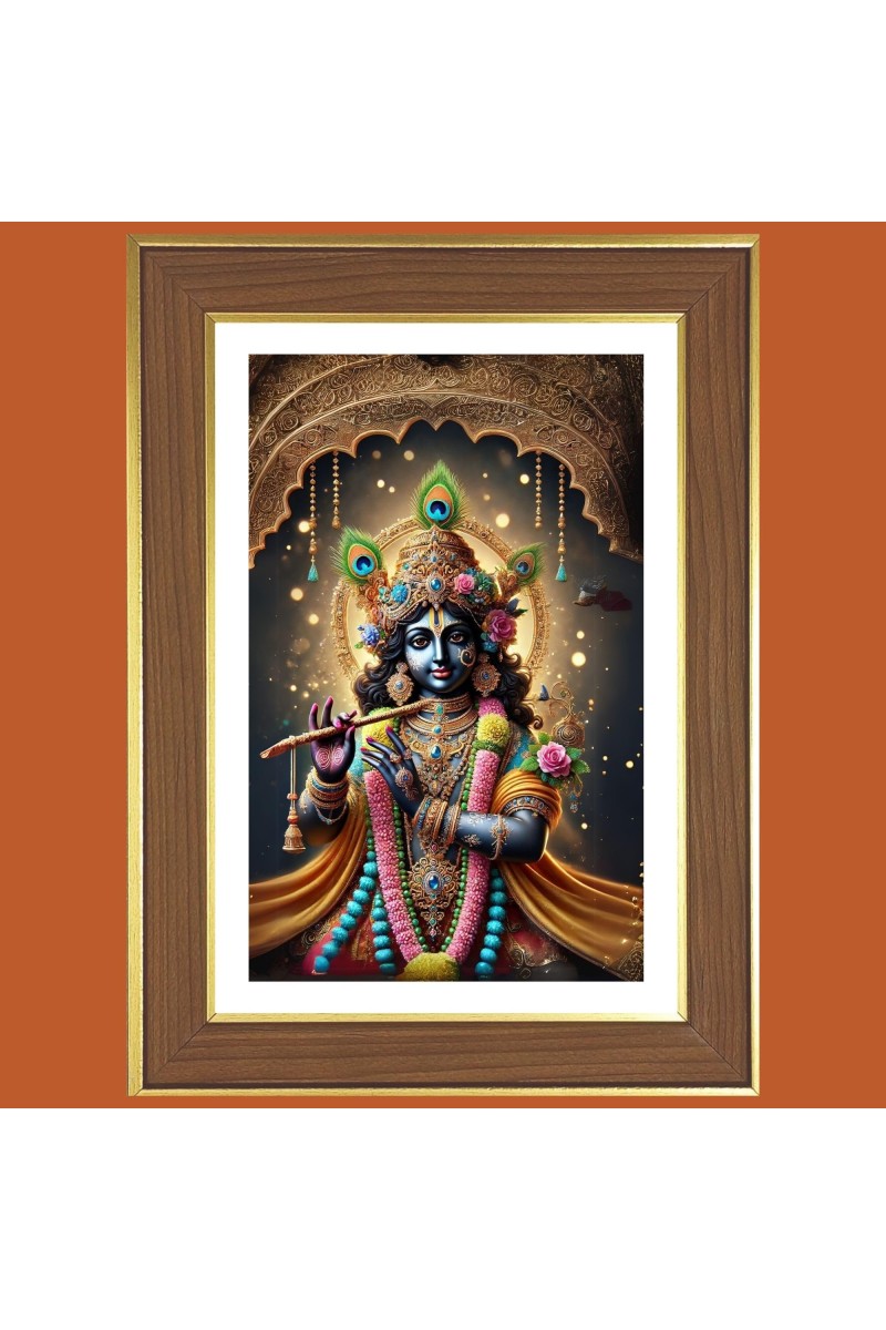 Lord krishna Photo Frame - 10x14 Inches, Brown Wooden Frame for Home, Office & Temple Decoration