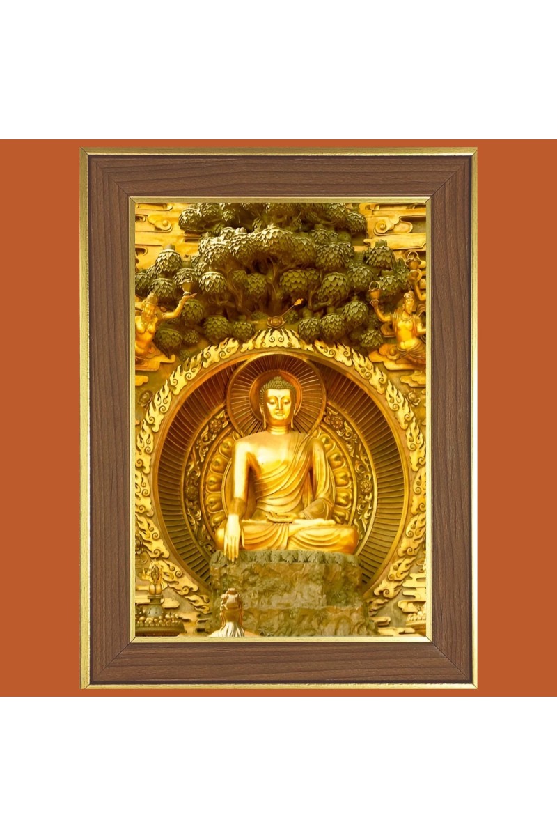 Peaceful Buddha Photo Frame - 10x14 Inches, Brown Wooden Frame for Home, Office & Temple Decoration