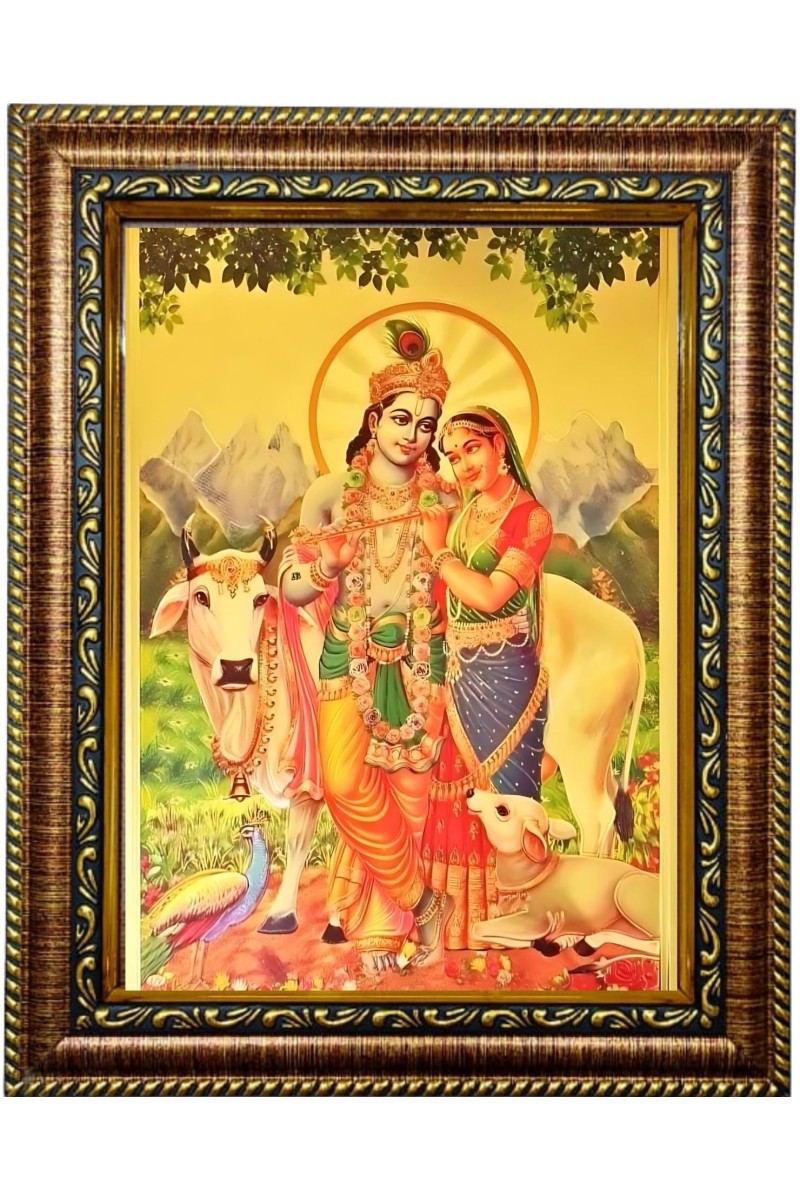 HI Tech Sales Gold Plated Radha Krishna Religious Golden Photo Frame for Worship Use 26x35 cm