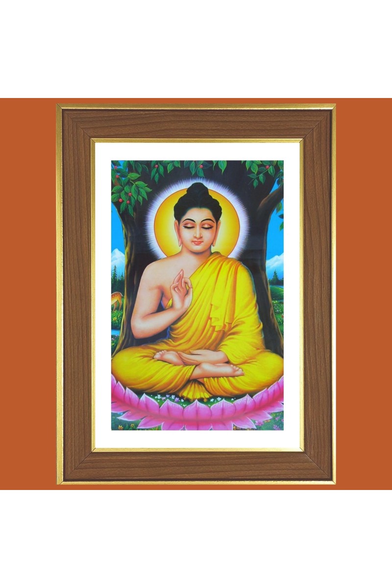 Calmness Buddha Photo Frame - 14x18 Inches, Brown Wooden Frame for Home, Office & Temple Decoration