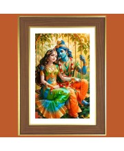 Radha and Sri Krishna Photo Frame - 10x14 Inches, Brown Wooden Frame for Home, Office & Temple Decoration