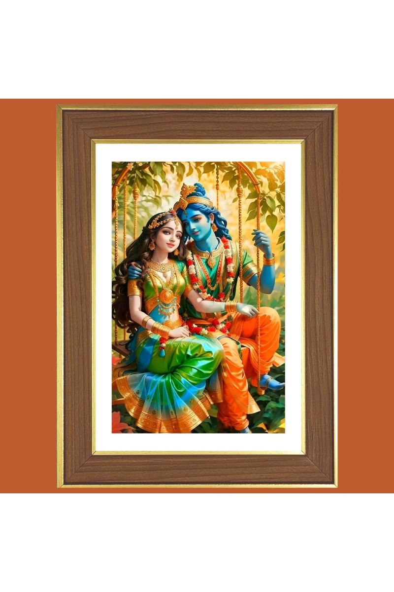 Radha and Sri Krishna Photo Frame - 14x18 Inches, Brown Wooden Frame for Home, Office & Temple Decoration