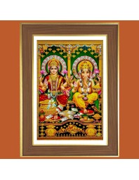 Goddess Lakshmi and Ganesha Photo Frame - 14x18 Inches, Brown Wooden Frame for Home, Office & Temple Decoration
