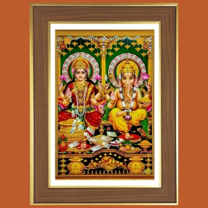 Goddess Lakshmi and Ganesha Photo Frame - 14x18 Inches, Brown Wooden Frame for Home, Office & Temple Decoration