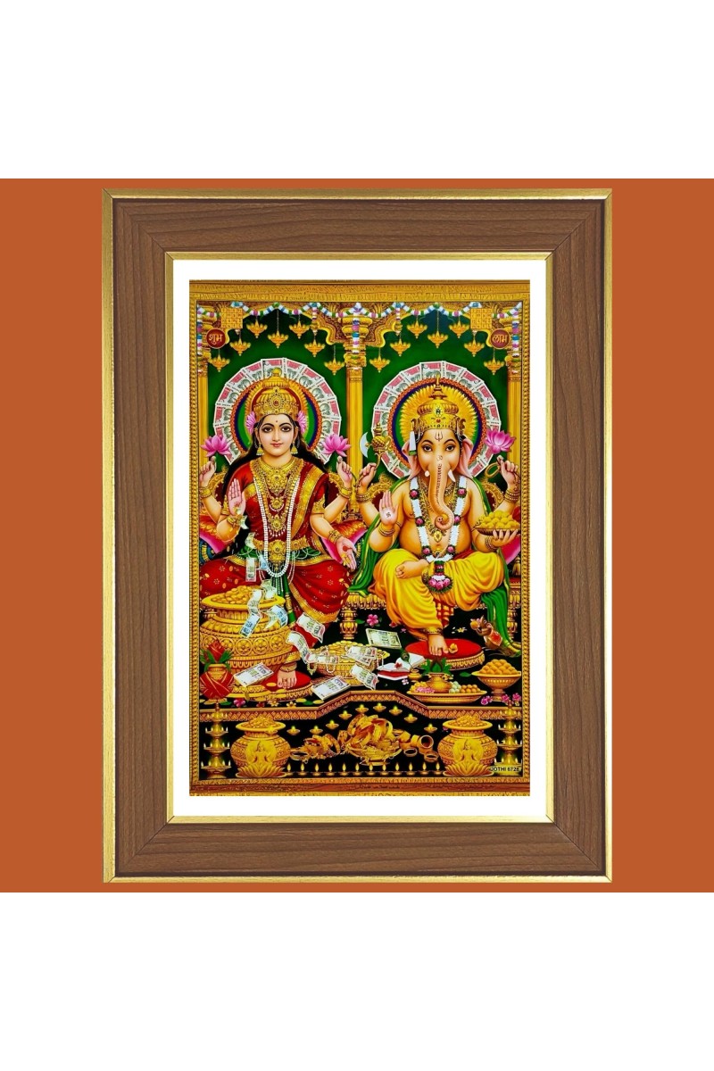 Goddess Lakshmi and Ganesha Photo Frame - 12x16 Inches, Brown Wooden Frame for Home, Office & Temple Decoration