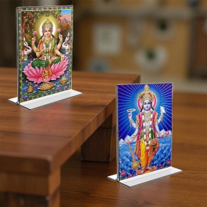 Car Desk/Table Top Lord Vishnu & Maa Lakhsmi Acrylic T-Style Photo Stand - 2.5x3.5 Inches, Compact and Stylish Spiritual Display, easily change 2 photos (Pack of 1)