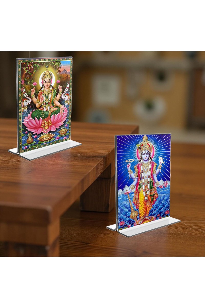 Lord Vishnu & Debi Lakhsmi Acrylic T-Style Photo Stand, Compact and Stylish Spiritual Display, easily change 2 photos (Pack of 1)