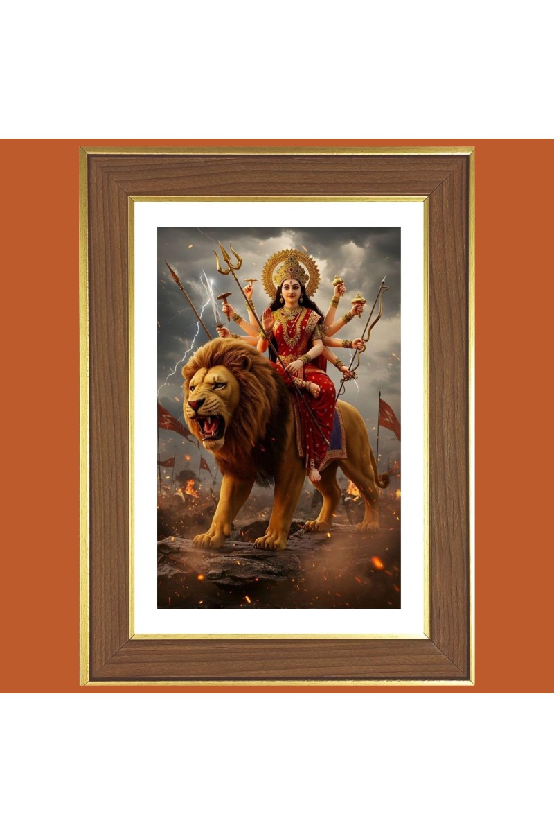 Maa Durga Photo Frame - 10x14 Inches, Brown Wooden Frame for Home, Office & Temple Decoration