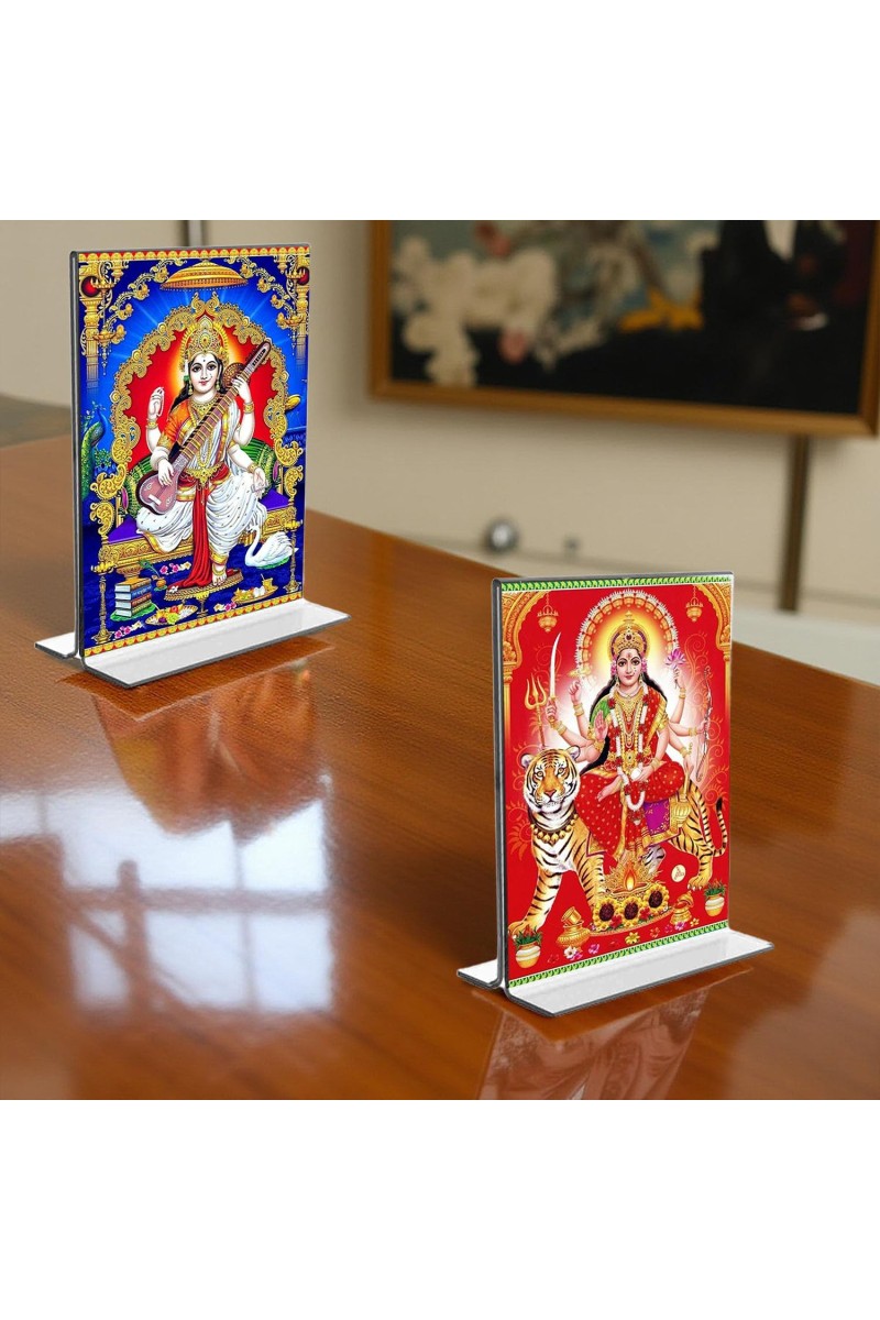 Debi Saraswati & Debi Durga Acrylic T-Style Photo Stand - 5x7 Inches, Compact and Stylish Spiritual Display, easily change 2 photos (Pack of 1)