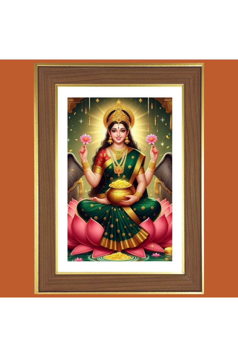 Goddess laxmi Photo Frame - 14x18 Inches, Brown Wooden Frame for Home, Office & Temple decoration
