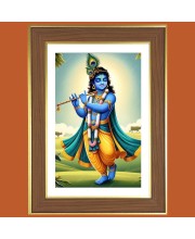 Lord krishna with flute Photo Frame - 10x14 Inches, Brown Wooden Frame for Home, Office & Temple Decoration