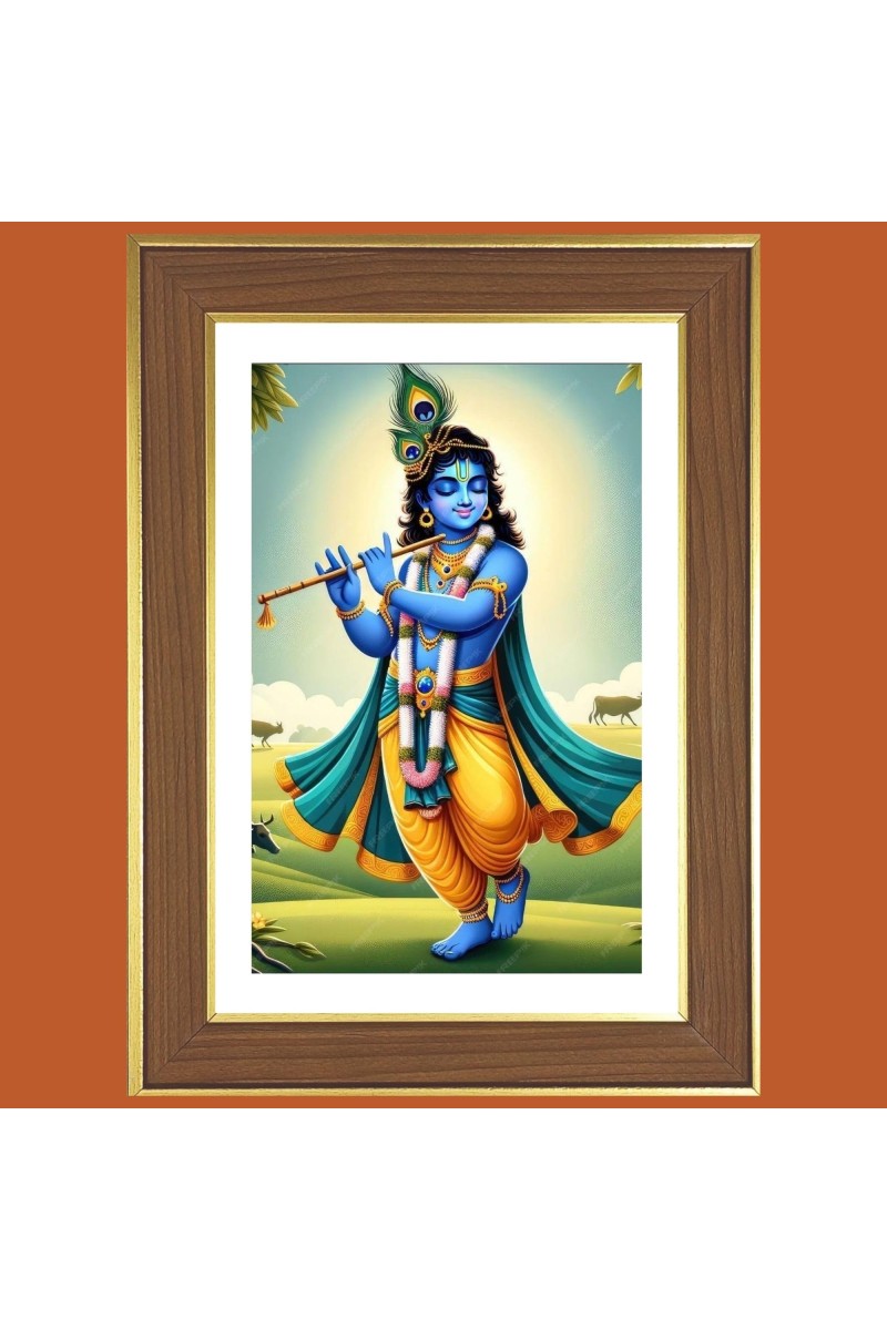 Lord krishna with flute Photo Frame - 10x14 Inches, Brown Wooden Frame for Home, Office & Temple Decoration