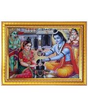 Ram Sita Worshiping Shiva Lingam Photo Frame - 10x14 Inches, Brown Wooden Frame for Home, Office & Temple Decoration