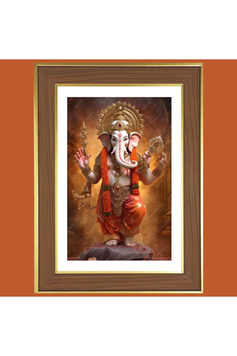 Mangal Murti Ganesha Photo Frame - 14x18 Inches, Brown Wooden Frame for Home, Office & Temple Decoration