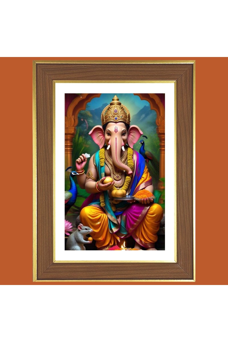 Lord Ganesha Photo Frame - 10x14 Inches, Brown Wooden Frame for Home, Office & Temple decoration