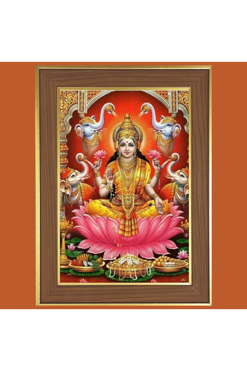 Goddess Laxmi Photo Frame - 10x14 Inches, Brown Wooden Frame for Home, Office & Temple Decoration