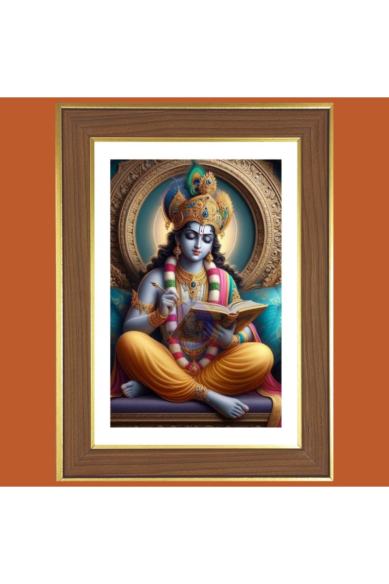 Lord krishna Bhagavan Photo Frame - 12x16 Inches, Brown Wooden Frame for Home, Office & Temple Decoration