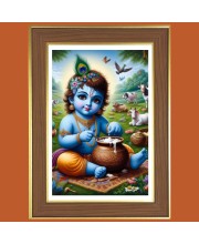 Baby Krishna eating butter Photo Frame - 10x14 Inches, Brown Wooden Frame for Home, Office & Temple Decoration