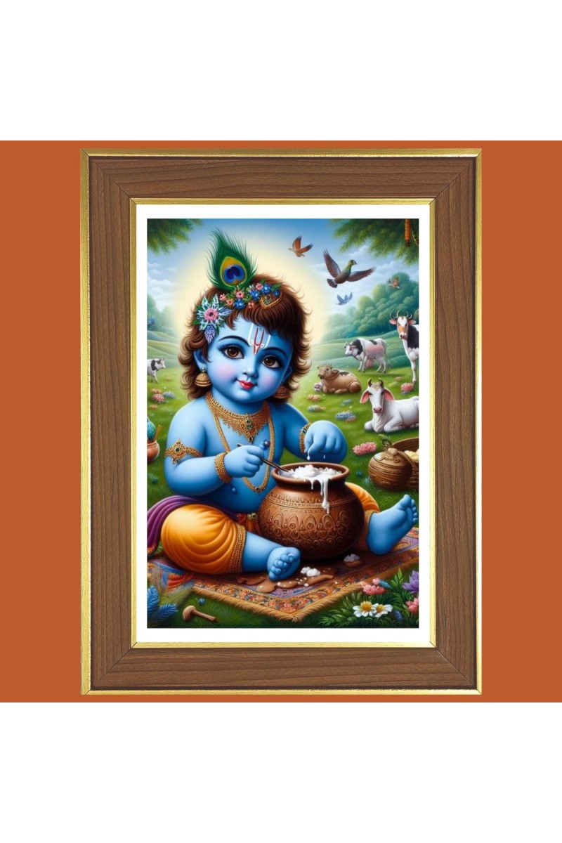 Baby Krishna eating butter Photo Frame - 12x16 Inches, Brown Wooden Frame for Home, Office & Temple Decoration