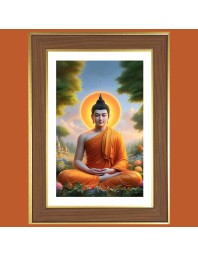 Meditating Buddha Photo Frame - 14x18 Inches, Brown Wooden Frame for Home, Office & Temple Decoration