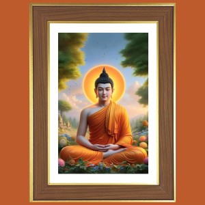 Meditating Buddha Photo Frame - 14x18 Inches, Brown Wooden Frame for Home, Office & Temple Decoration