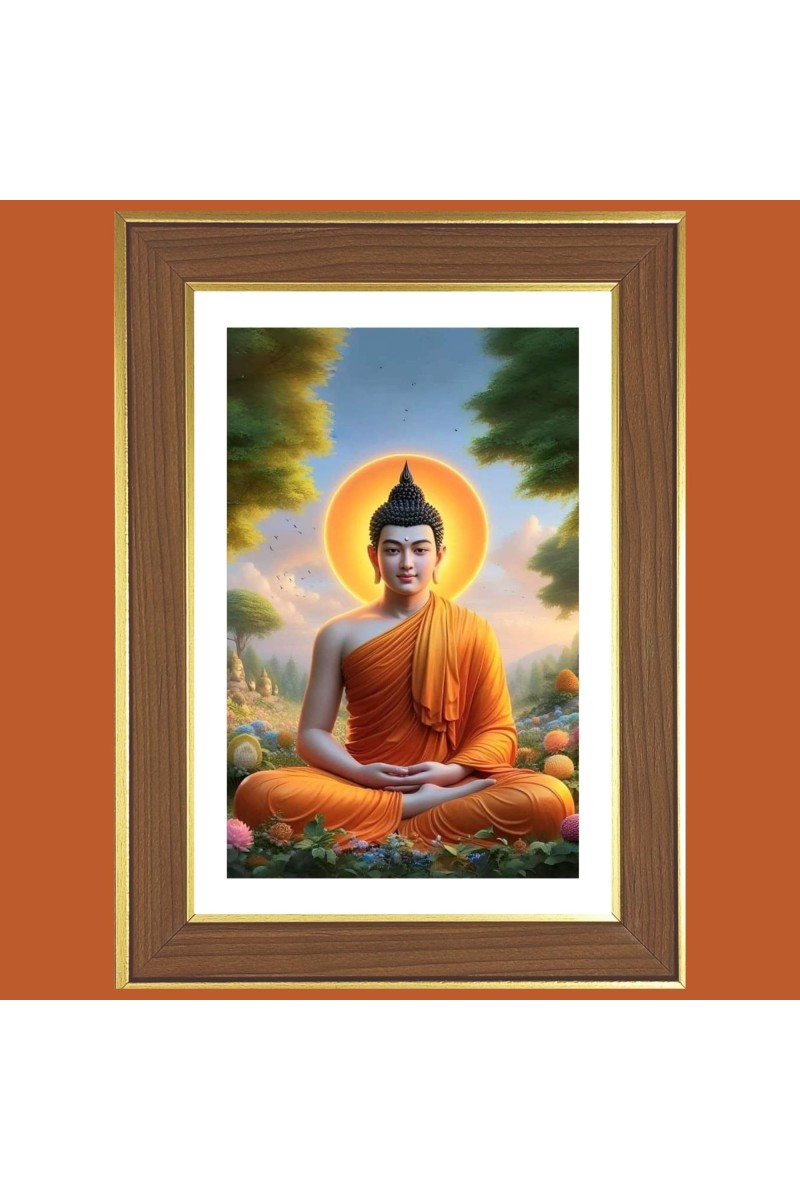 Meditating Buddha Photo Frame - 10x14 Inches, Brown Wooden Frame for Home, Office & Temple Decoration