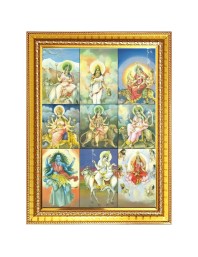 Maa Durga Nine Avatars Photo Frame - 14x18 Inches, Brown Wooden Frame for Home, Office & Temple Decoration