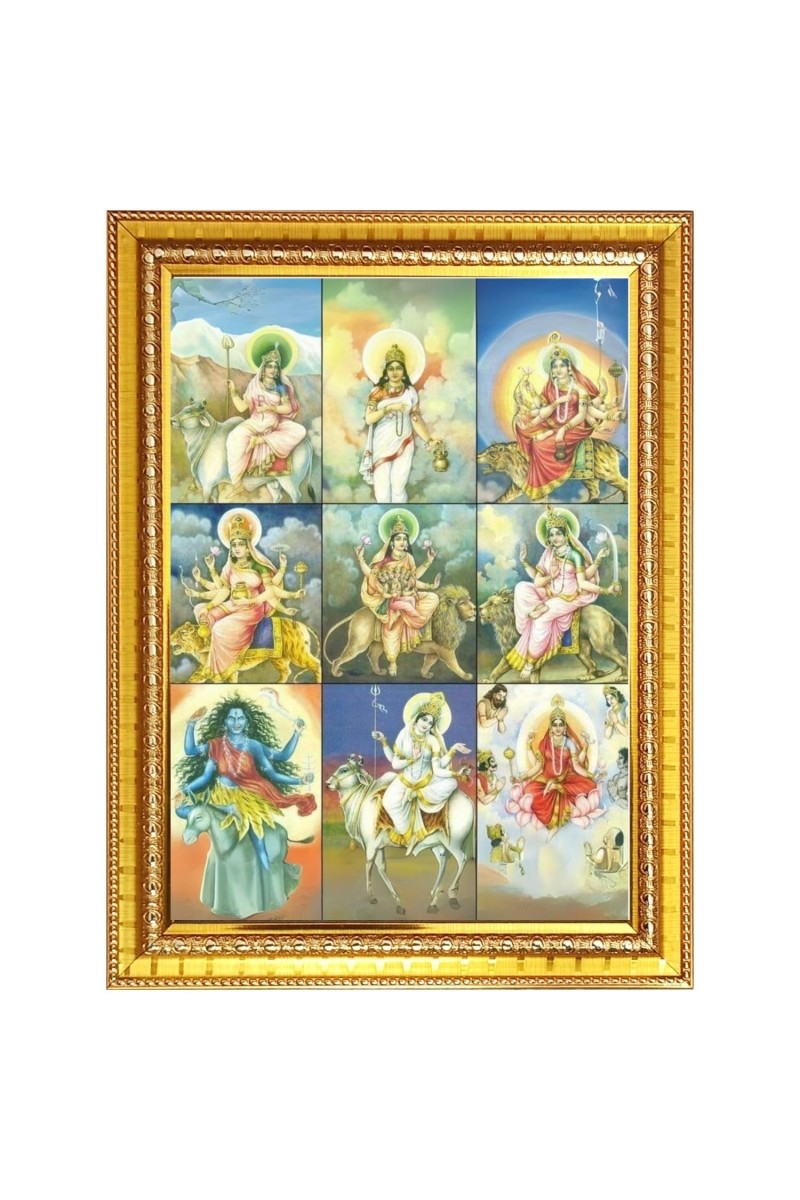 Maa Durgaâ€™s Nine Avatars Photo Frame - 10x14 Inches, Brown Wooden Frame for Home, Office & Temple Decoration