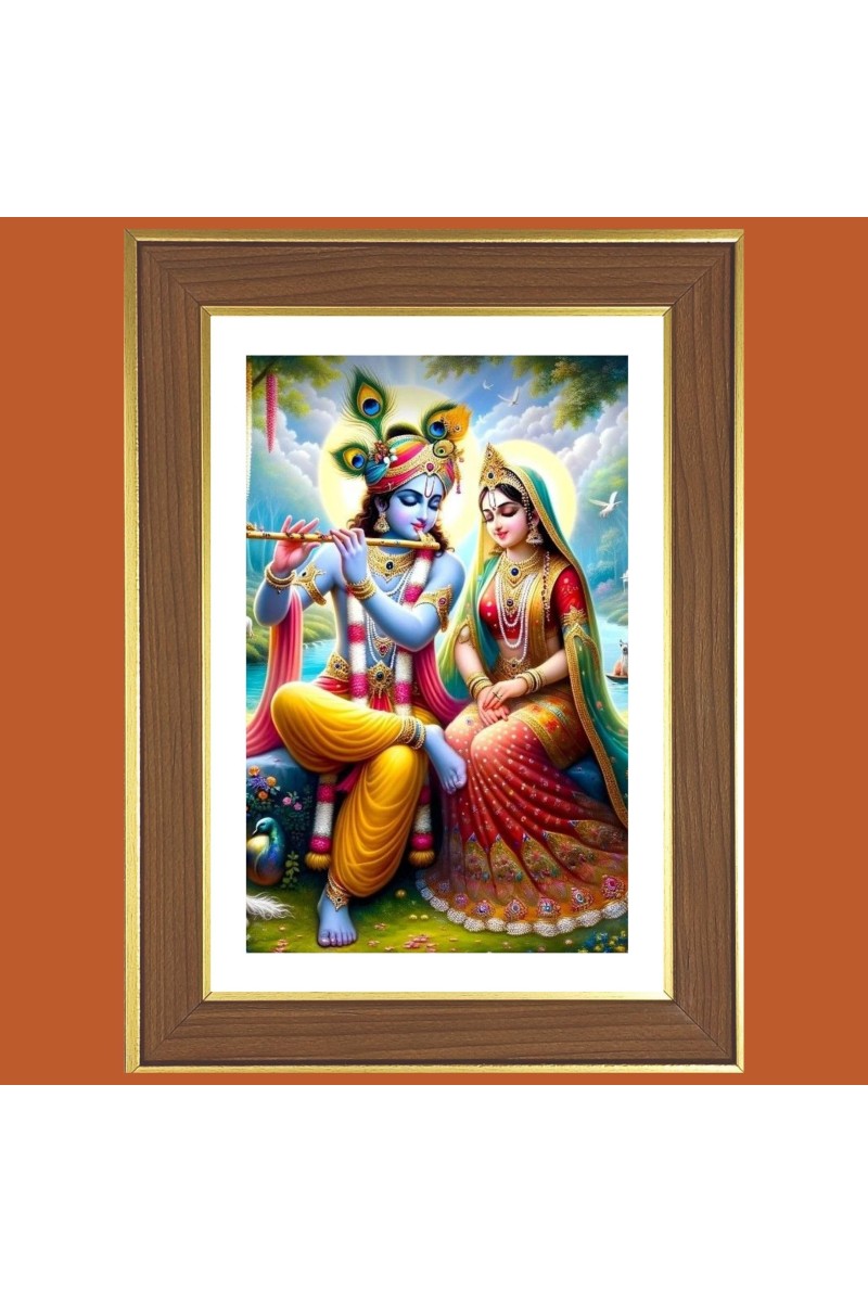 Lord Krishna and Radha Photo Frame - 10x14 Inches, Brown Wooden Frame for Home, Office & Temple decoration