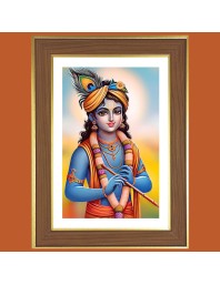 Lord Shri Krishna Photo Frame - 10x14 Inches, Brown Wooden Frame for Home, Office & Temple Decoration