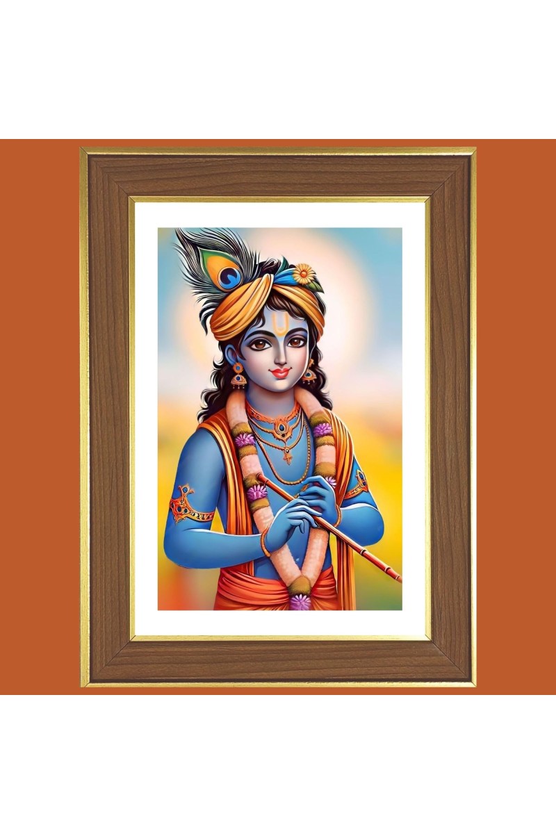 Lord Shri Krishna Photo Frame - 14x18 Inches, Brown Wooden Frame for Home, Office & Temple Decoration