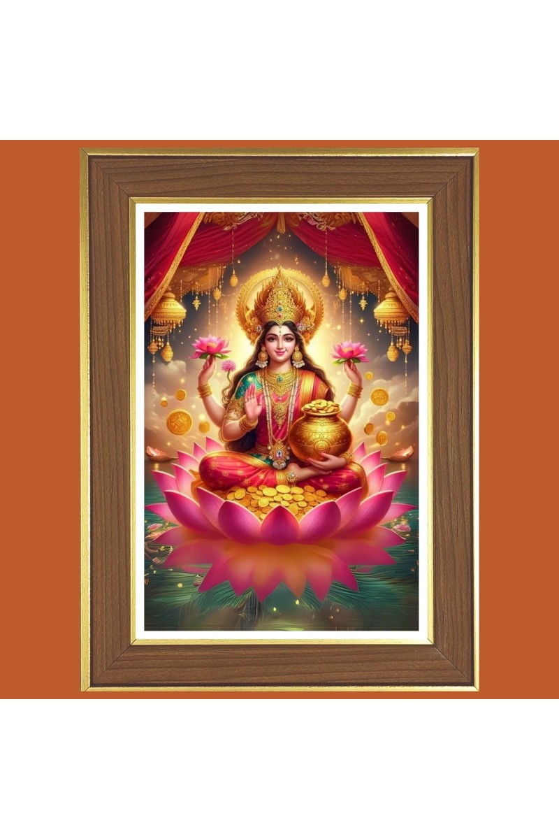 Goddess Lakshmi Photo Frame - 10x14 Inches, Brown Wooden Frame for Home, Office & Temple Decoration